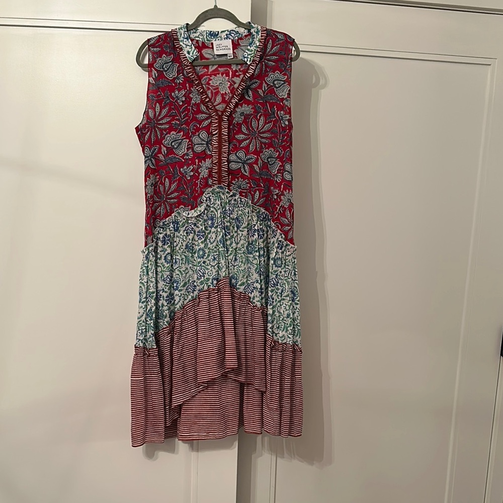 Joey Wolffer Reworked Block Print Cotton Patchwork Flowy Dress